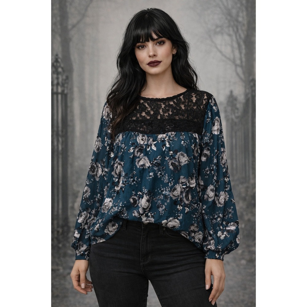 Maurices Top Womens XL Teal Black Floral Lace‎ Whimsigoth Dark Romantic Flowy